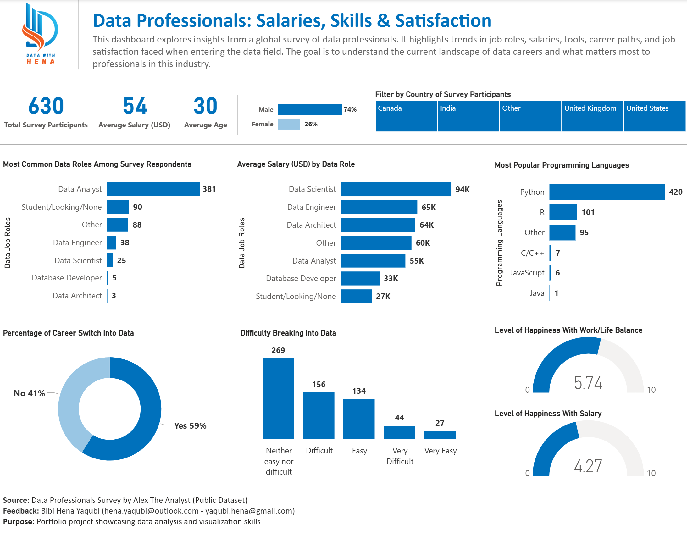 Data Professionals Survey Dashboard - Power BI Overview